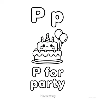 Free printable P is for Party  Coloring Page - Free Printable English letter Recognition PDFS Coloring Sheets coloring page