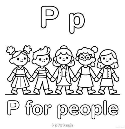 Free printable P is for People  Coloring Page - Free Printable English letter Recognition PDFS Coloring Sheets coloring page