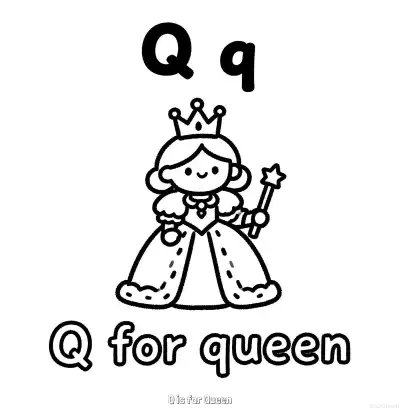 Free printable Q is for Queen  Coloring Page - Free Printable English letter Recognition PDFS Coloring Sheets coloring page