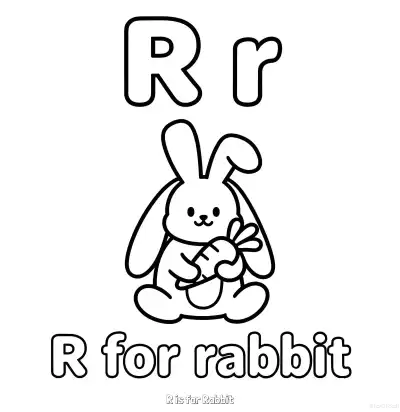 Free printable R is for Rabbit  Coloring Page - Free Printable English letter Recognition PDFS Coloring Sheets coloring page