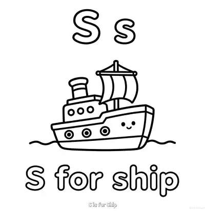 Free printable S is for Ship  Coloring Page - Free Printable English letter Recognition PDFS Coloring Sheets coloring page