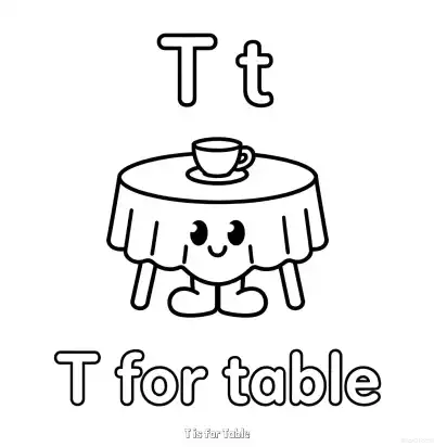 Free printable T is for Table  Coloring Page - Free Printable English letter Recognition PDFS Coloring Sheets coloring page