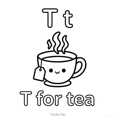Free printable T is for Tea  Coloring Page - Free Printable English letter Recognition PDFS Coloring Sheets coloring page