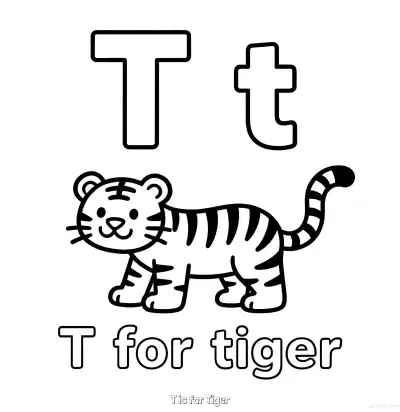 Free printable T is for Tiger  Coloring Page - Free Printable English letter Recognition PDFS Coloring Sheets coloring page