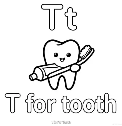 Free printable T is for Tooth  Coloring Page - Free Printable English letter Recognition PDFS Coloring Sheets coloring page