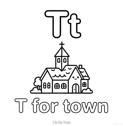 Free printable T is for Town  Coloring Page - Free Printable English letter Recognition PDFS Coloring Sheets coloring page