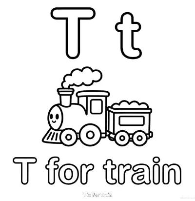 Free printable T is for Train  Coloring Page - Free Printable English letter Recognition PDFS Coloring Sheets coloring page