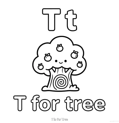 Free printable T is for Tree  Coloring Page - Free Printable English letter Recognition PDFS Coloring Sheets coloring page