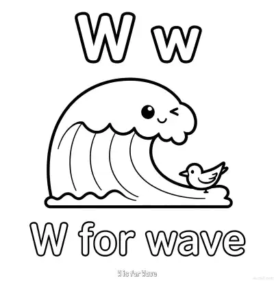 Free printable W is for Wave  Coloring Page - Free Printable English letter Recognition PDFS Coloring Sheets coloring page