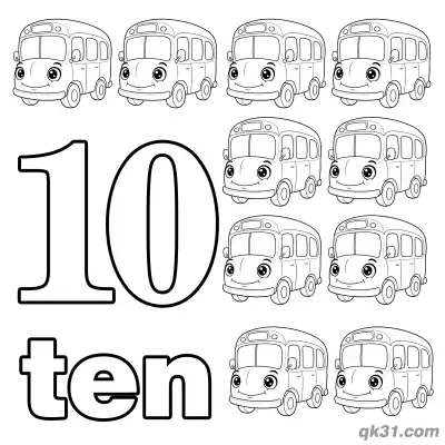 Free printable Number 10 Cartoon Buses Counting Coloring Page coloring page