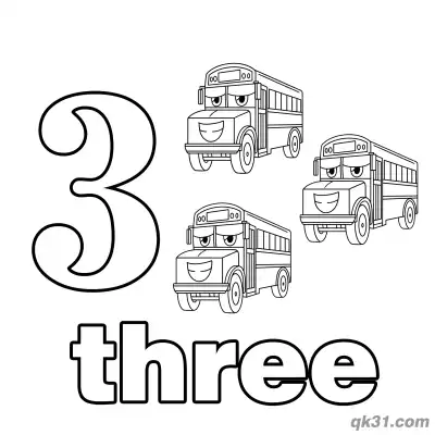 Free printable Number 3 Cartoon Buses Counting Coloring Page coloring page