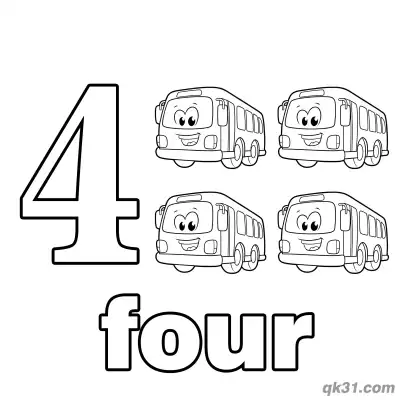 Free printable Number 4 Cartoon Buses Counting Coloring Page coloring page
