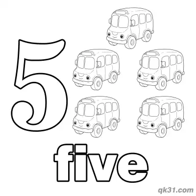 Free printable Number 5 Cartoon Buses Counting Coloring Page coloring page