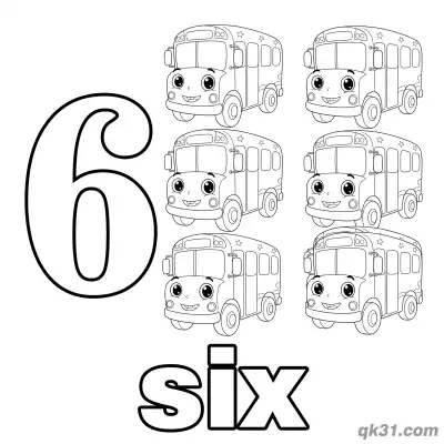 Free printable Number 6 Cartoon Buses Counting Coloring Page coloring page