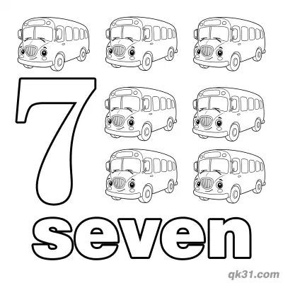 Free printable Number 7 Cartoon Buses Counting Coloring Page coloring page