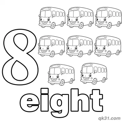 Free printable Number 8 Cartoon Buses Counting Coloring Page coloring page