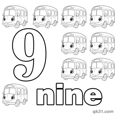 Free printable Number 9 Cartoon Buses Counting Coloring Page coloring page
