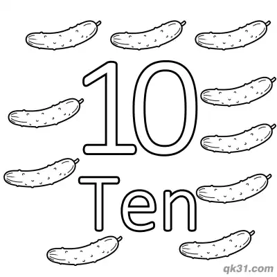 Free printable Number 10 Ten Green Cucumbers Counting Coloring Page coloring page