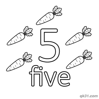 Free printable Number 5 Five Crunchy Carrots Counting Coloring Page coloring page