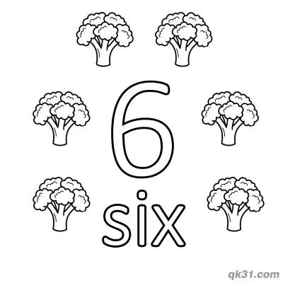 Free printable Number 6 Six Healthy Broccoli Counting Coloring Page coloring page