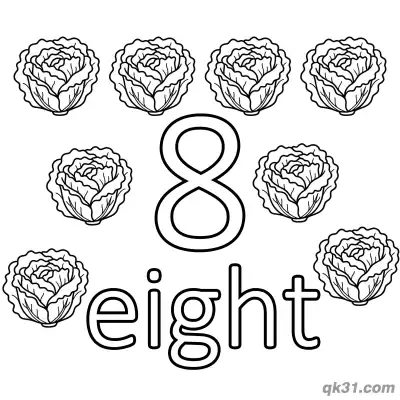 Free printable Number 8 Eight Crisp Lettuce Counting Coloring Page coloring page