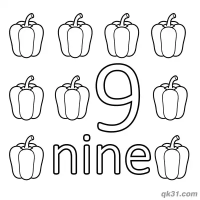 Free printable Number 9 Nine Colorful Bell Peppers Counting Coloring Page coloring page
