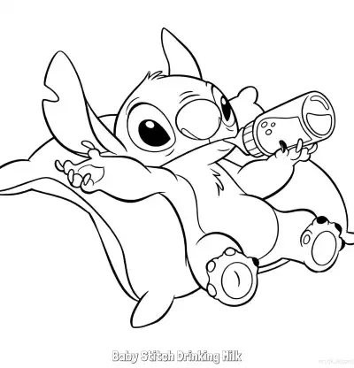 Free printable Baby Stitch Drinking Milk  Coloring Page - Free Printable Lilo & Stitch PDFS Coloring Sheets coloring page