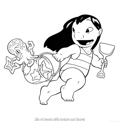 Free printable Lilo at Beach with Bucket and Shovel  Coloring Page - Free Printable Lilo & Stitch PDFS Coloring Sheets coloring page