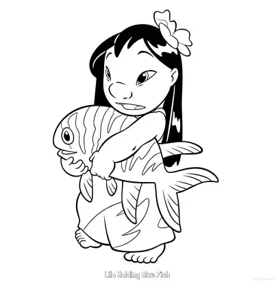 Free printable Lilo Holding Blue Fish  Coloring Page - Free Printable Lilo & Stitch PDFS Coloring Sheets coloring page
