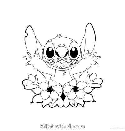 Free printable Stitch with Flowers  Coloring Page - Free Printable Lilo & Stitch PDF Coloring Sheets coloring page