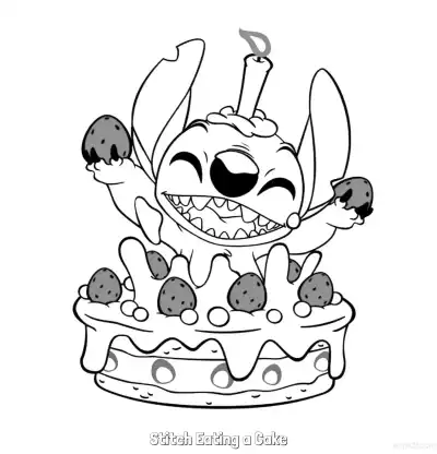 Free printable Stitch Eating a Cake  Coloring Page - Free Printable Lilo & Stitch PDF Coloring Sheets coloring page