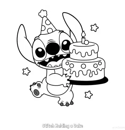 Free printable Stitch Holding a Cake  Coloring Page - Free Printable Lilo & Stitch PDF Coloring Sheets coloring page