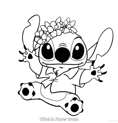 Free printable Stitch in Flower Crown  Coloring Page - Free Printable Lilo & Stitch PDFS Coloring Sheets coloring page