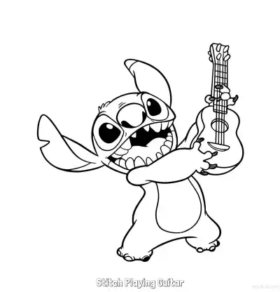 Free printable Stitch Playing Guitar 1 Coloring Page - Free Printable Lilo & Stitch PDFS Coloring Sheets coloring page