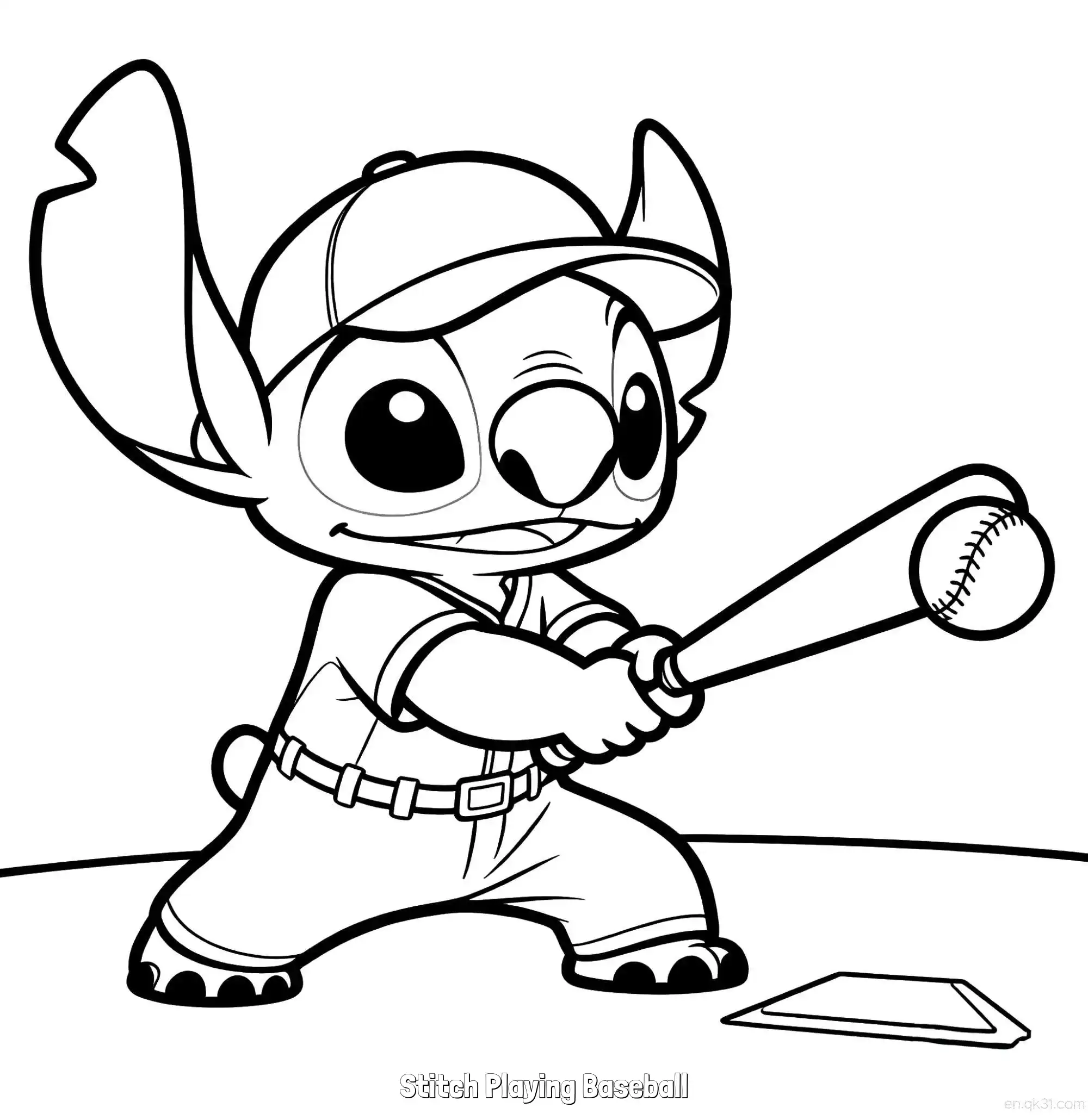 Stitch Playing Baseball  Coloring Page - Free Printable Lilo & Stitch PDF Coloring Sheets – Free Printable Coloring Page for Kids and Adults