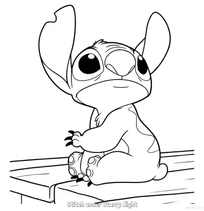 Free printable Stitch under Starry Night  Coloring Page - Free Printable Lilo & Stitch PDFS Coloring Sheets coloring page