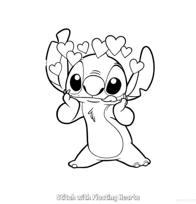 Free printable Stitch with Floating Hearts  Coloring Page - Free Printable Lilo & Stitch PDFS Coloring Sheets coloring page