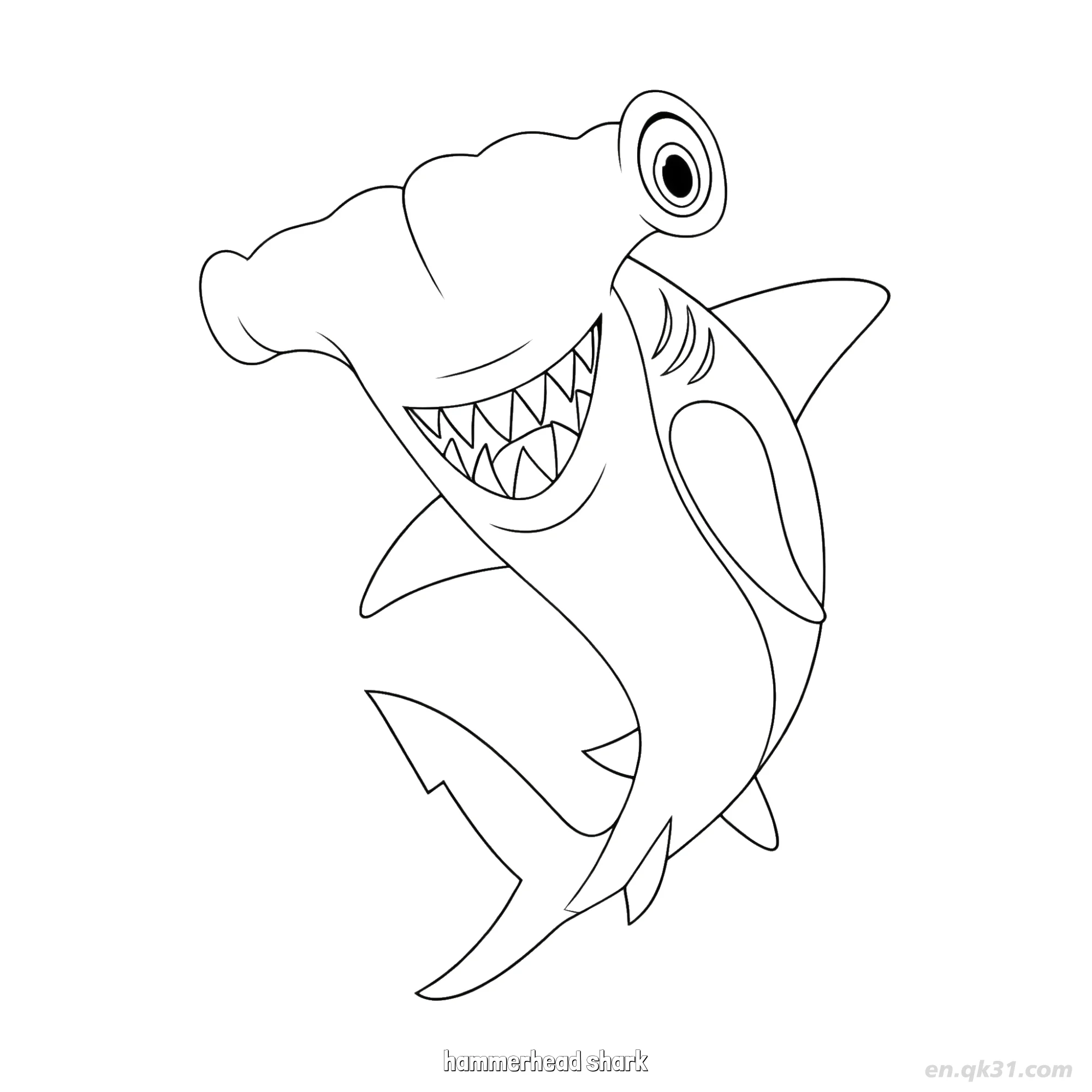 Grinning Cartoon Hammerhead Shark Coloring Page  – Free Printable Coloring Page for Kids and Adults
