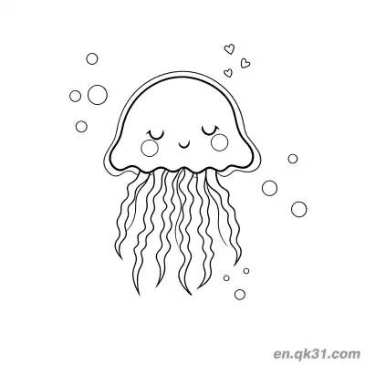 Free printable Jellyfish with Closed Eyes, Hearts and Bubbles Coloring Page coloring page