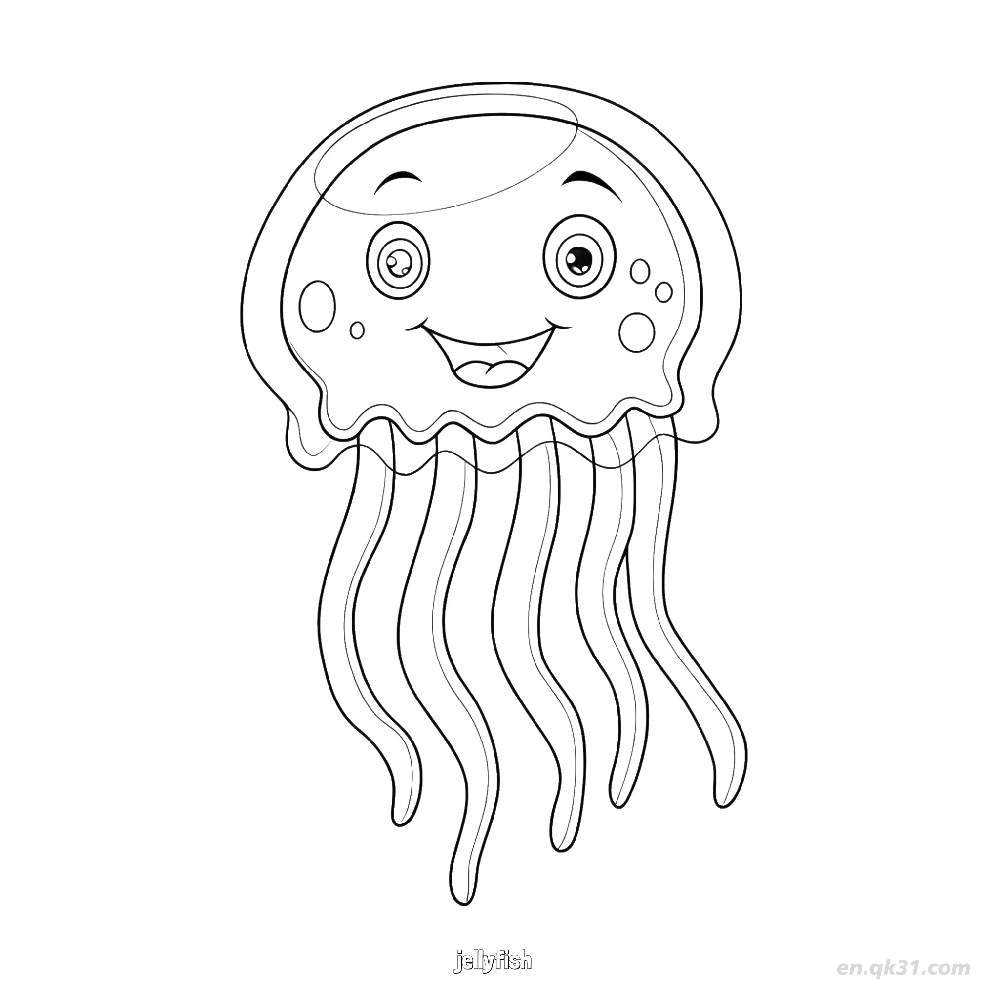 Smiling Jellyfish with Tentacles Coloring Page  – Free Printable Coloring Page for Kids and Adults