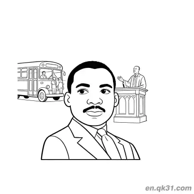 Free printable Martin Luther King Portrait with Bus and Pulpit Background Coloring Page coloring page