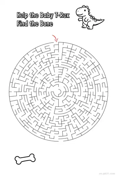 Free printable T-Rex Dinosaur Maze Puzzle - Help Baby Find Bone  coloring page