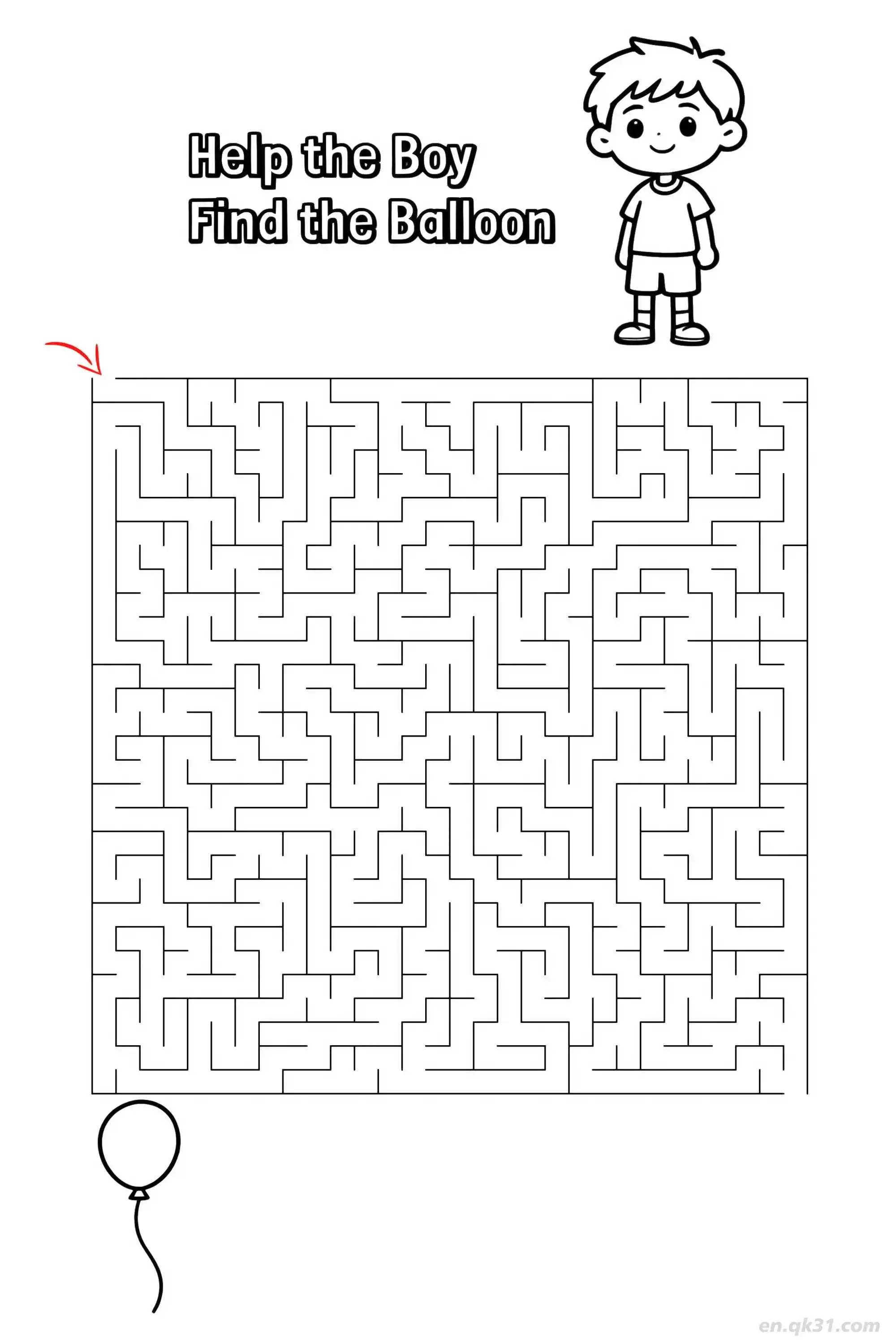 Boy Balloon Maze Puzzle - Fun Find the Balloon Game  – Free Printable Coloring Page for Kids and Adults