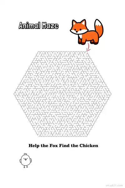 Free printable Fox Maze Puzzle - Help Find Chicken Forest Animal  coloring page