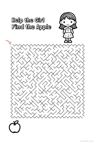 Free printable Girl Apple Maze Puzzle - Healthy Fruit Activity  coloring page