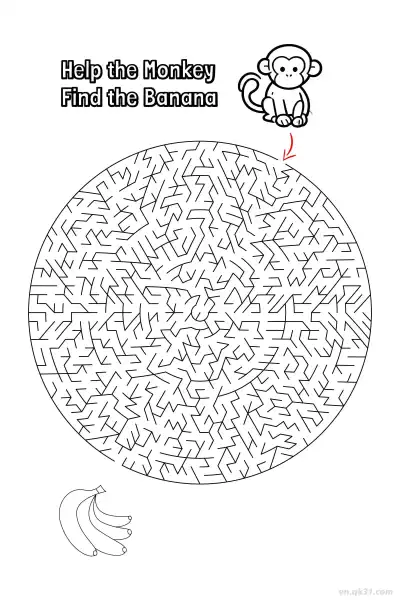 Free printable Monkey Banana Maze Game - Jungle Animal Puzzle  coloring page