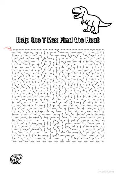 Free printable T-Rex Dinosaur Maze Worksheet - Carnivore Find Meat  coloring page