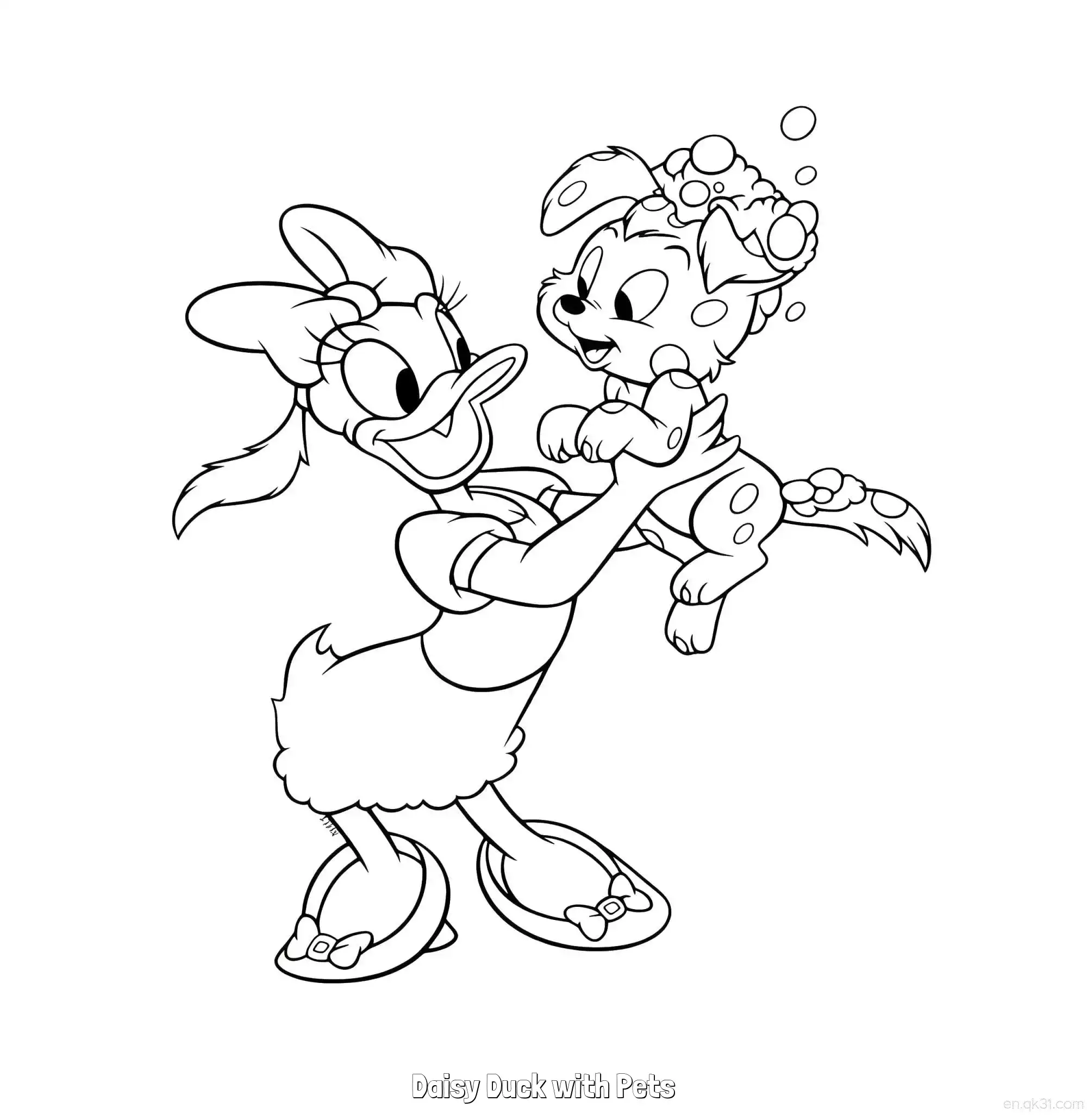 Daisy Duck with Pets  Coloring Page - Free Printable Mickey Mouse & Friends PDF Coloring Sheets – Free Printable Coloring Page for Kids and Adults