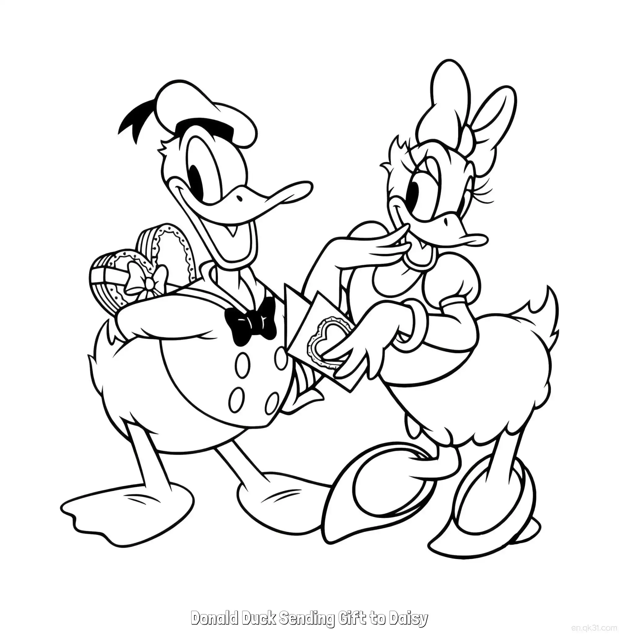 Donald Duck Sending Gift to Daisy  Coloring Page - Free Printable Mickey Mouse & Friends PDF Coloring Sheets – Free Printable Coloring Page for Kids and Adults