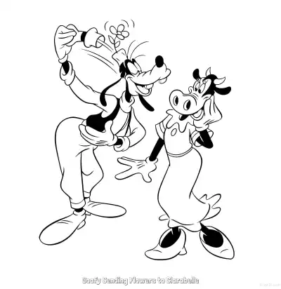 Free printable Goofy Sending Flowers to Clarabelle  Coloring Page - Free Printable Mickey Mouse & Friends PDFS Coloring Sheets coloring page